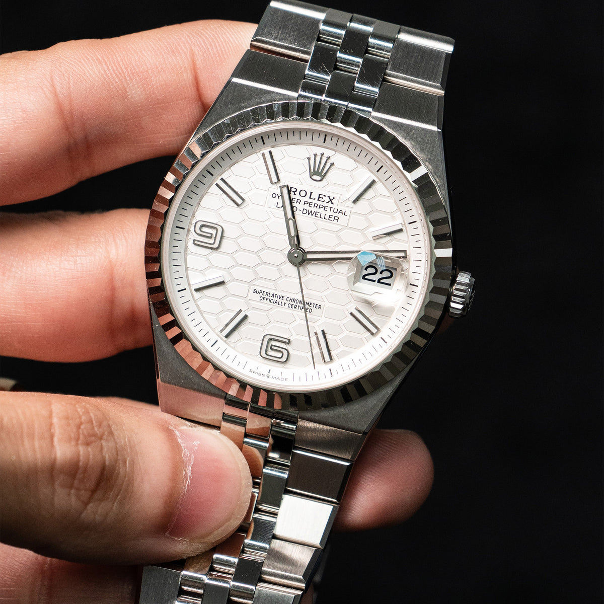 Pre-Owned Rolex 127334 Land-Dweller White Dial Stainless Steel Watch Full Set