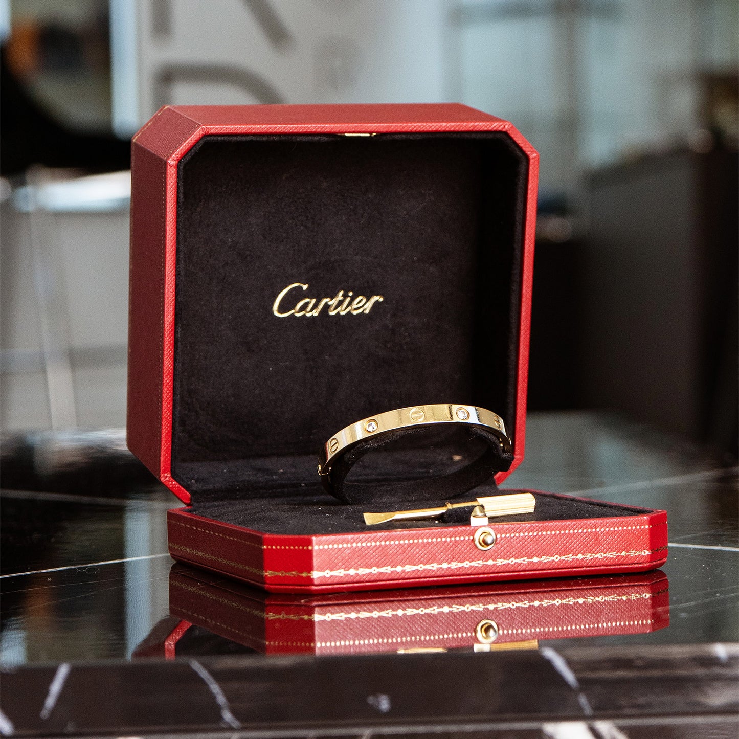 Cartier Four Diamond Love Bangle Bracelet w/ Box and Papers
