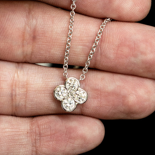 18k White Gold Round Diamond Clover Pendant Necklace
