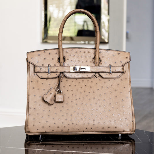 Hermes Birkin 30 Brown Ostrich Leather Palladium Handbag