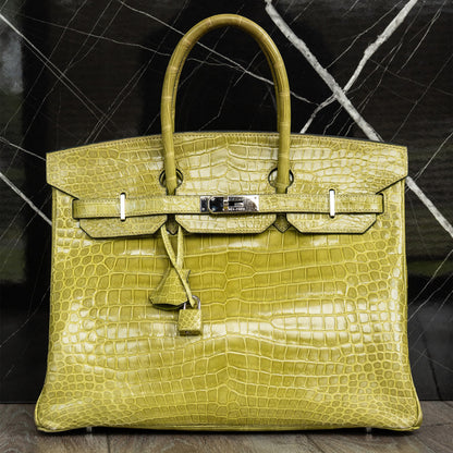 Hermes Birkin 35 Handbag Vert Anis Shiny Crocodile Porosus Palladium Hardware