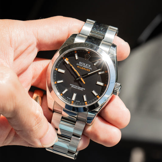 Rolex 116400 Milgauss Stainless Steel Black Dial Orange Hand Automatic Watch