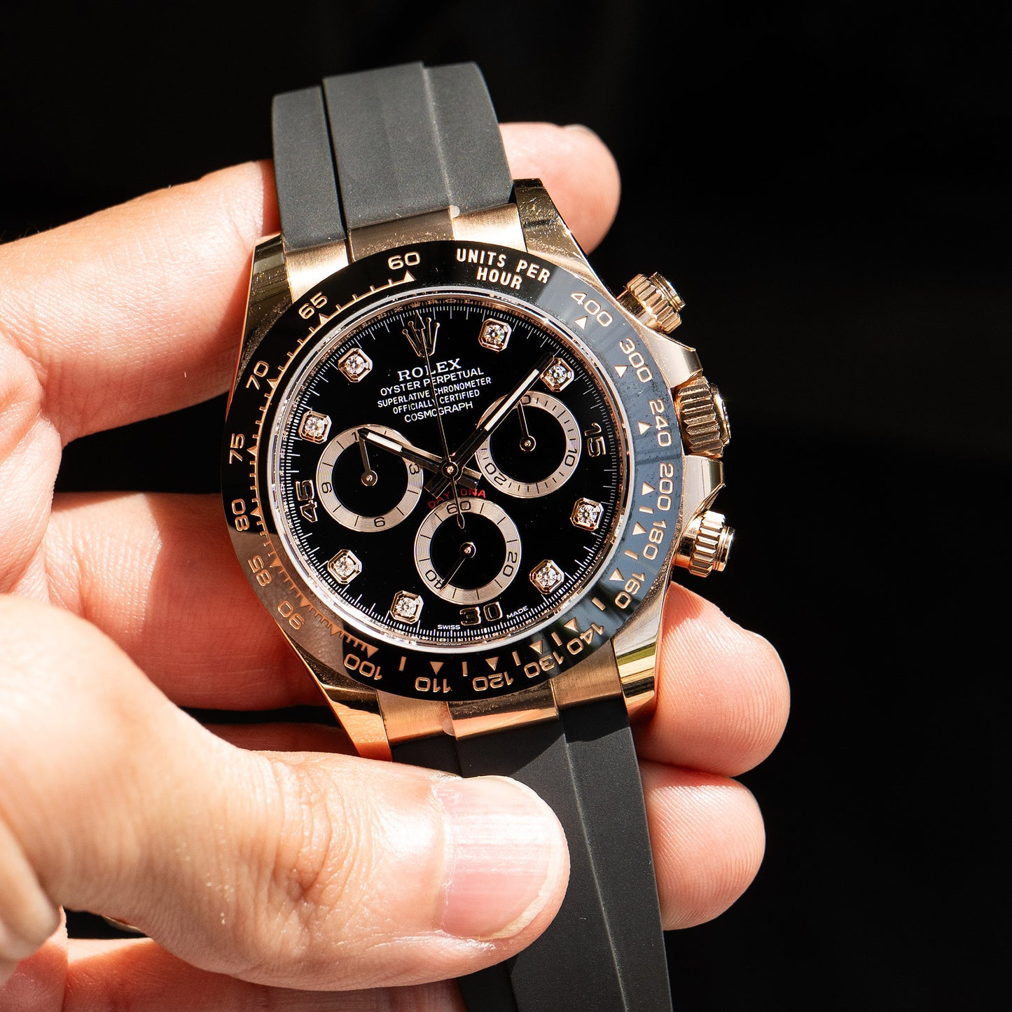 Rolex 116515 Cosmograph Daytona Rose Gold Black Diamond Dial Oyster Flex Watch