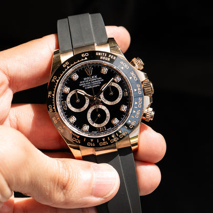 Rolex 116515 Cosmograph Daytona Rose Gold Black Diamond Dial Oyster Flex Watch