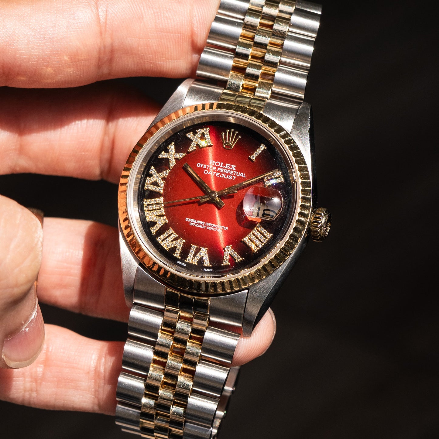 Pre-Owned Rolex 16233 Datejust 36mm Red Roman Dial Two Tone Watch