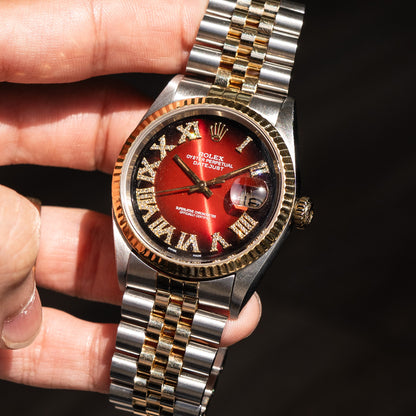 Pre-Owned Rolex 16233 Datejust 36mm Red Roman Dial Two Tone Watch
