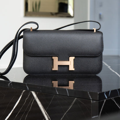 Hermès Black Epsom Constance Elan Handbag Rose Gold Hardware