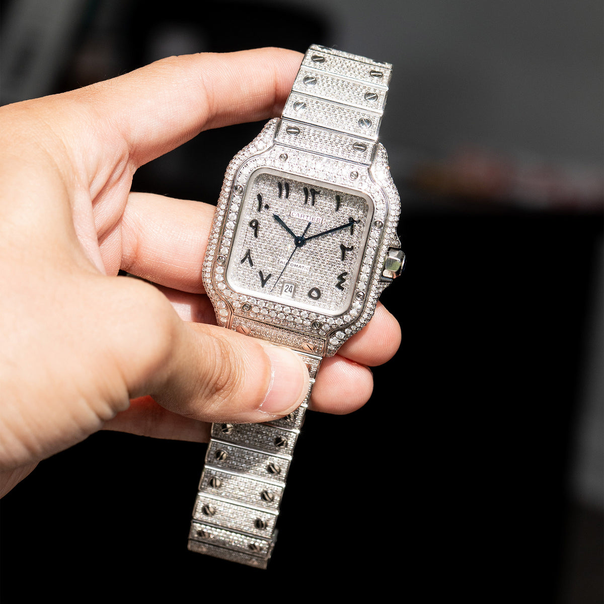 Pre-Owned Cartier Large Santos Diamond Bustdown Stainless Steel Custom Watch