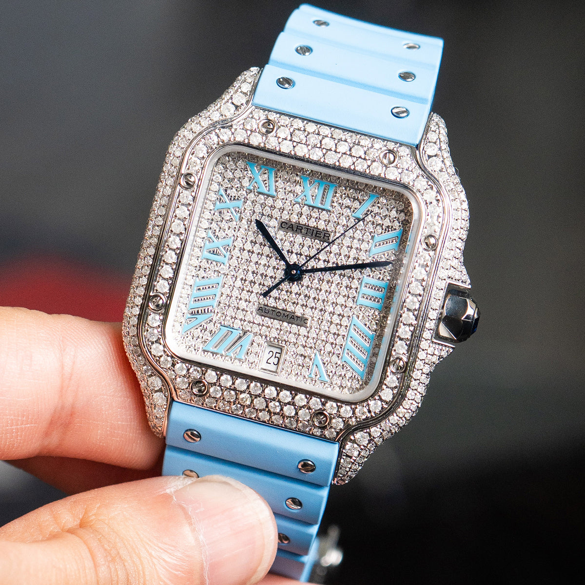 Pre-Owned Cartier Santos Large Diamond Pave Stainless Steel Custom Watch