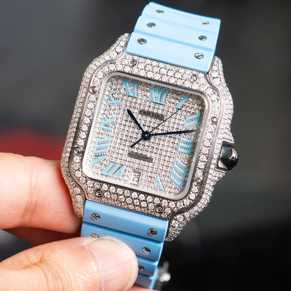 Pre-Owned Cartier Santos Large Diamond Pave Stainless Steel Custom Watch