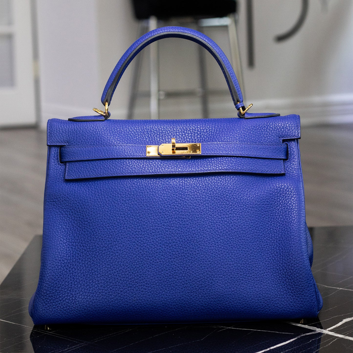 Hermes Kelly 32 Electric Blue Leather Handbag