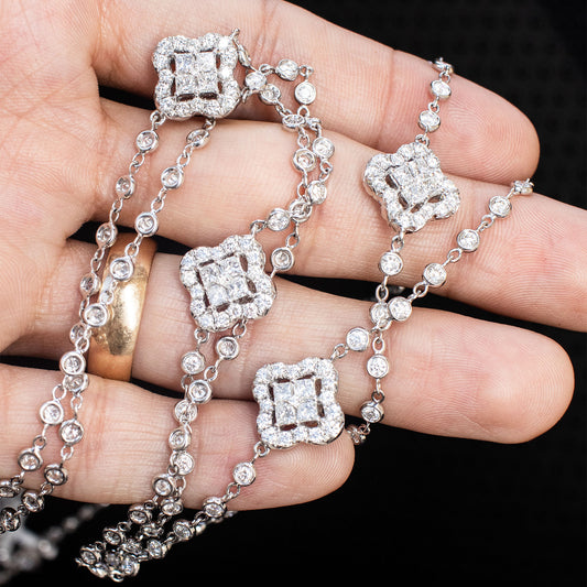 18k White Gold Diamond Clover Station Long Necklace