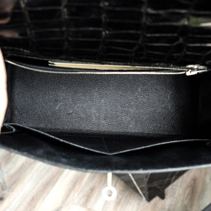 Hermes Kelly 28 Black Crocodile Shiny Porosus Handbag