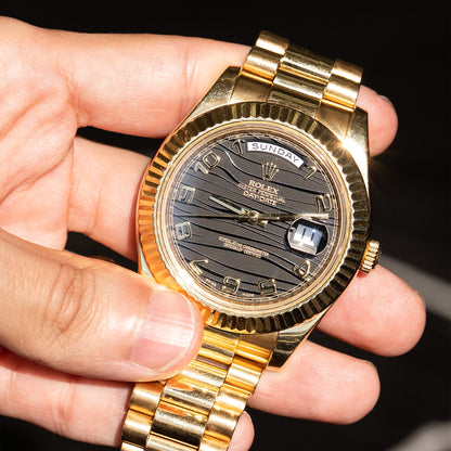 Pre-Owned Rolex 218238 Day-Date II Yellow Gold Black Arabic Wave Dial Presidential Watch