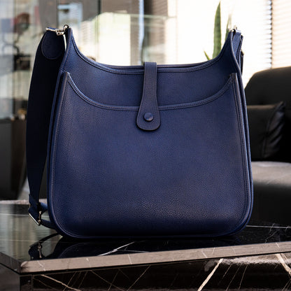 HERMÈS Taurillon Clemence Evelyne III Blue Handbag