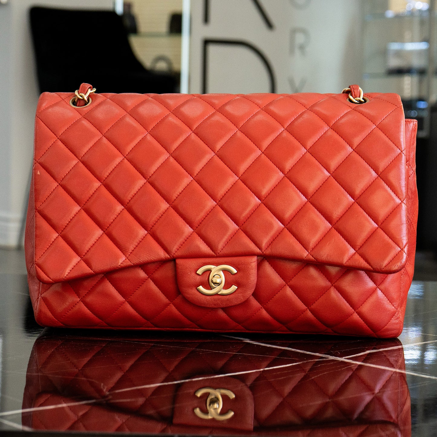 Chanel Classic Flap Red Lambskin Leather Gold-tone Hardware
