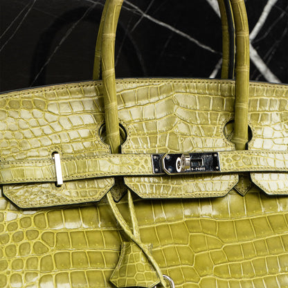 Hermes Birkin 35 Handbag Vert Anis Shiny Crocodile Porosus Palladium Hardware