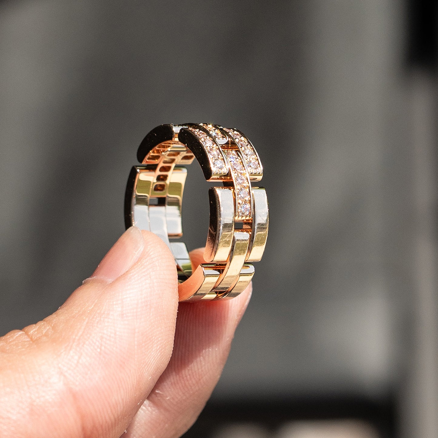 Cartier Maillon Panthere 18K Rose Gold Diamond Three Row Ring