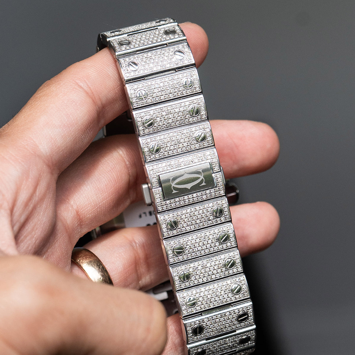 Pre-Owned Cartier Large Santos Diamond Bustdown Stainless Steel Custom Watch