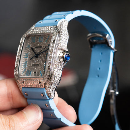 Pre-Owned Cartier Santos Large Diamond Pave Stainless Steel Custom Watch