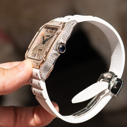 Pre-Owned Cartier Santos Large Diamond Pave Two Tone Custom Watch with White Strap