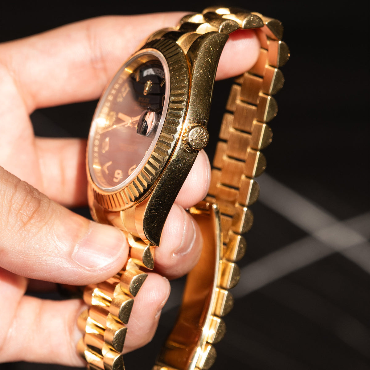 Pre-Owned Rolex 218238 Day-Date II Yellow Gold Black Arabic Wave Dial Presidential Watch