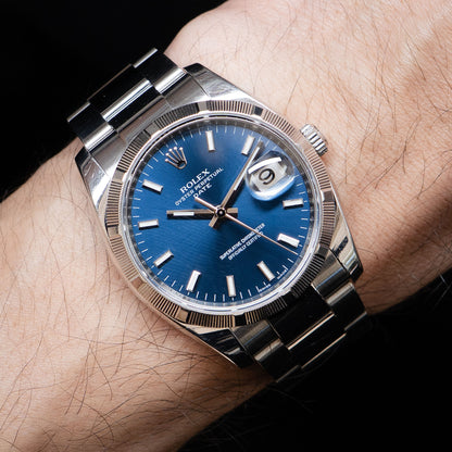 Rolex 115210 Oyster Perpetual 34mm Blue Dial Steel Watch