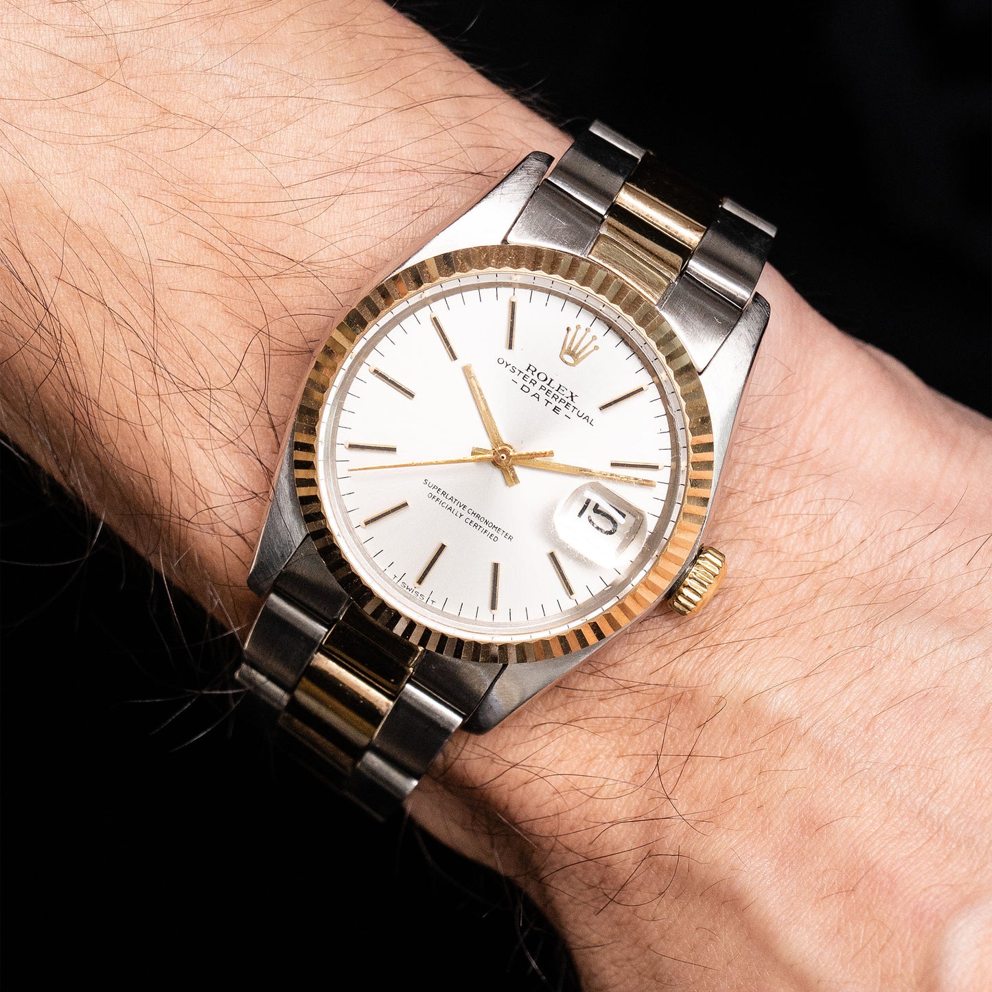 Rolex 1505 Oyster Perpetual Date 34mm Silver Dial Two Tone Watch