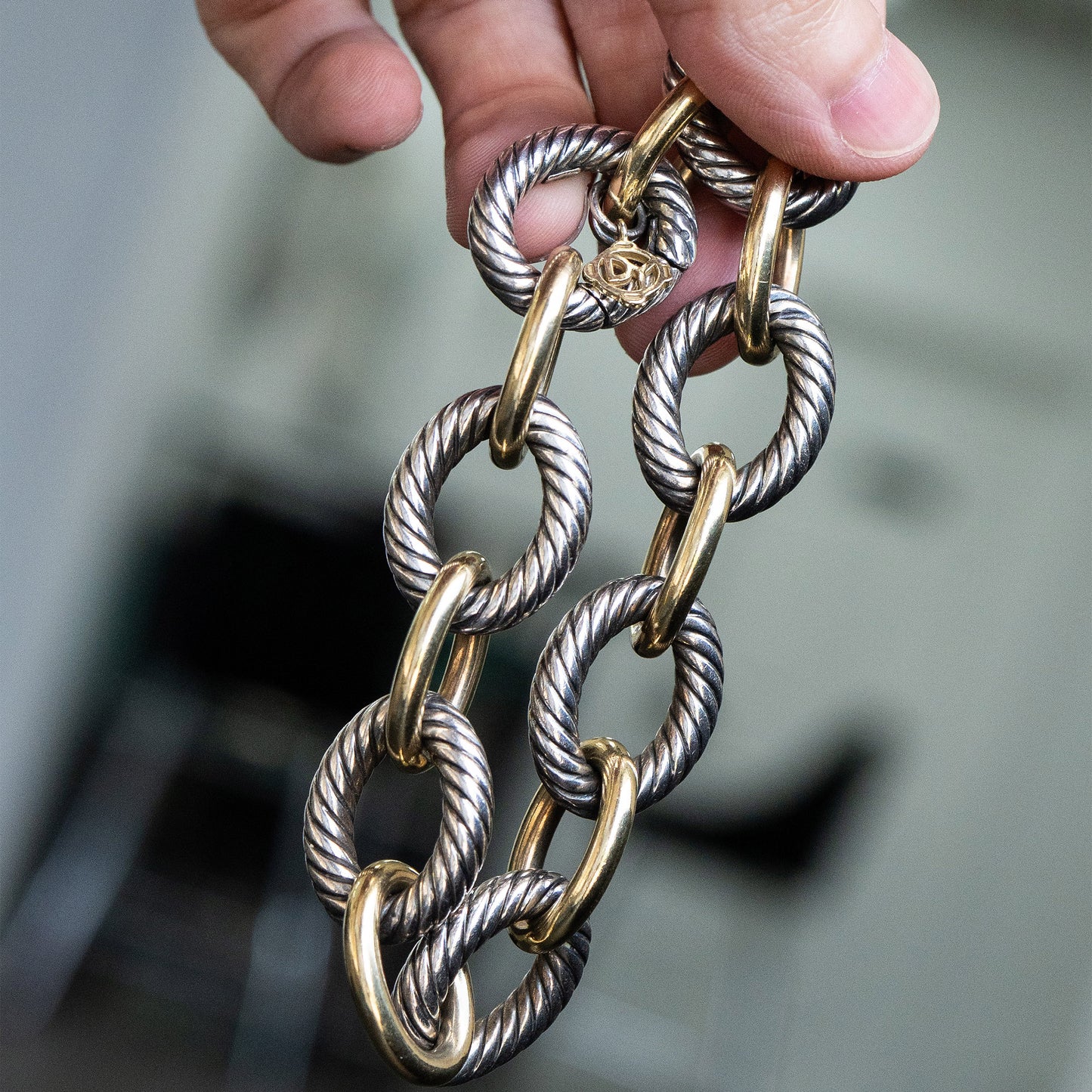 David Yurman Gold Cable Bracelet Sterling Silver 18k Oval Link Large Size