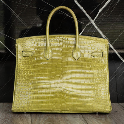Hermes Birkin 35 Handbag Vert Anis Shiny Crocodile Porosus Palladium Hardware