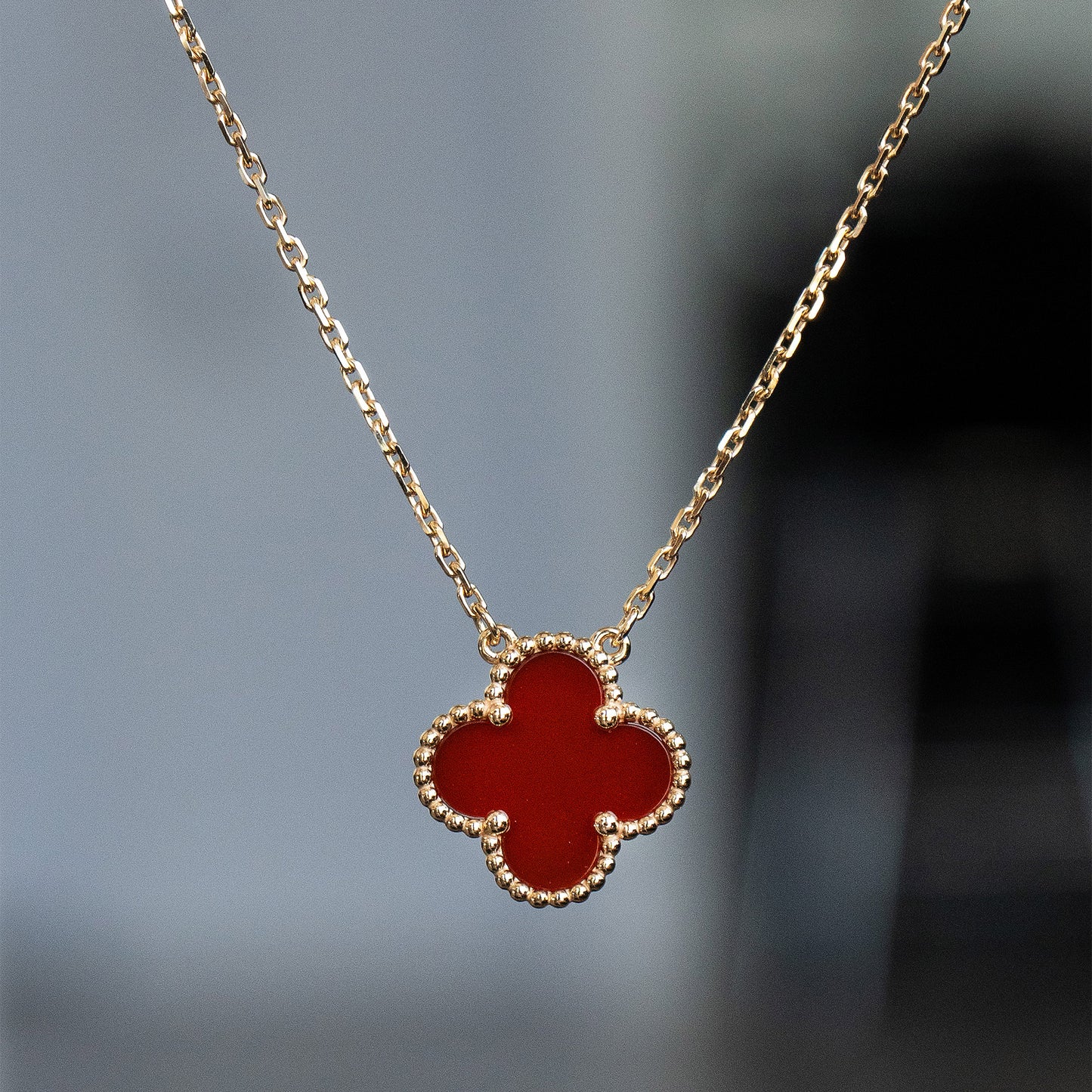 Van Cleef & Arpels Yellow Gold Carnelian Clover Necklace