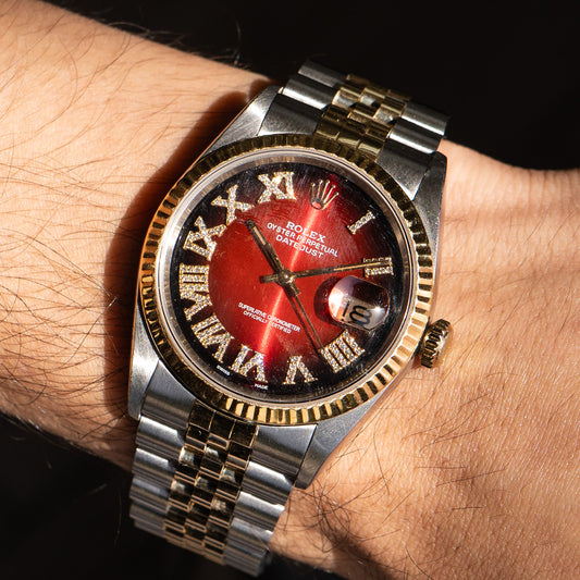 Pre-Owned Rolex 16233 Datejust 36mm Red Roman Dial Two Tone Watch