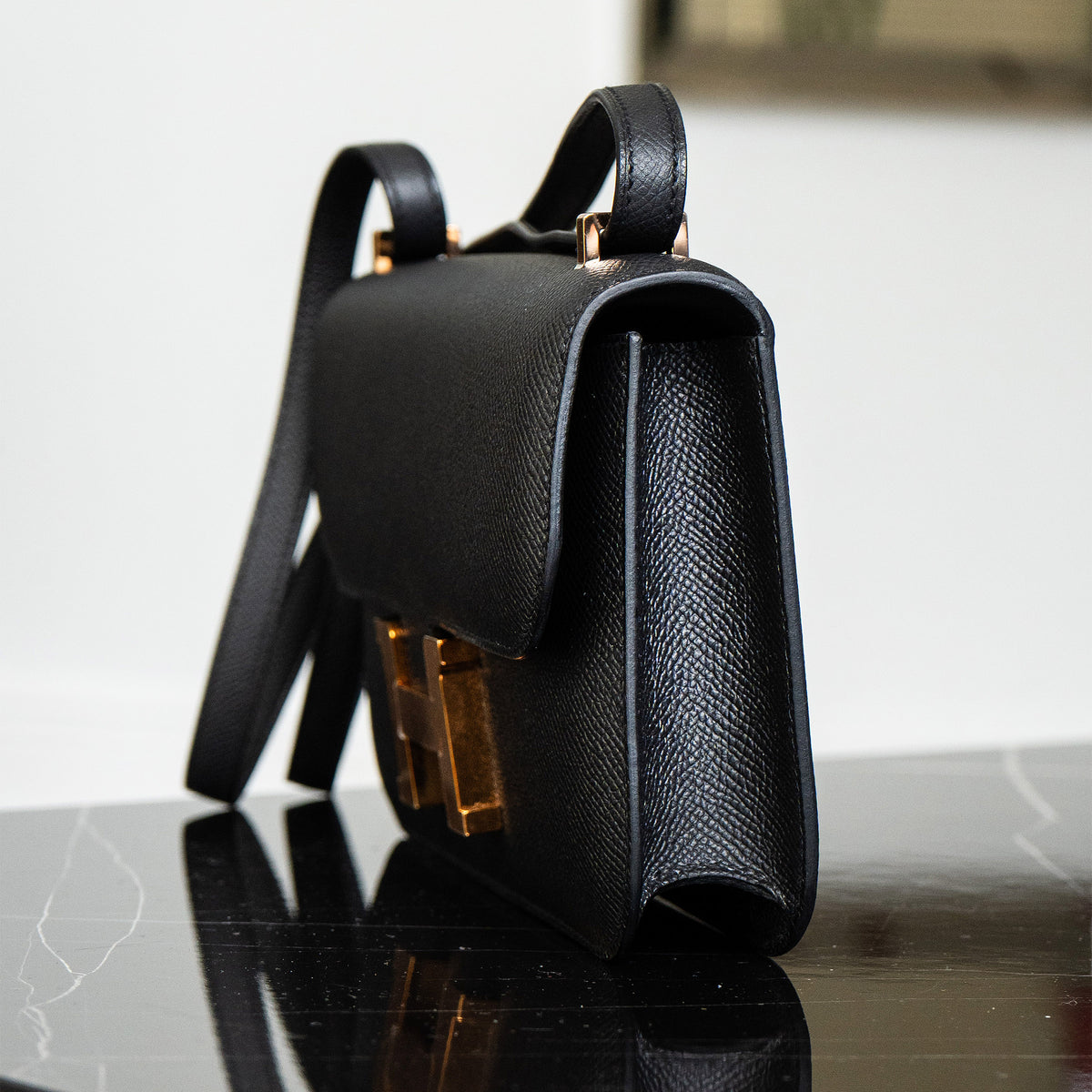 Hermès Black Epsom Constance Elan Handbag Rose Gold Hardware