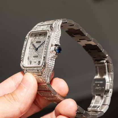 Pre-Owned Cartier Large Santos Diamond Bustdown Stainless Steel Custom Watch