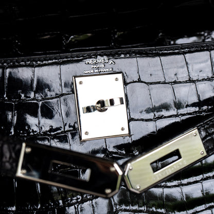 Hermes Kelly 28 Black Crocodile Shiny Porosus Handbag