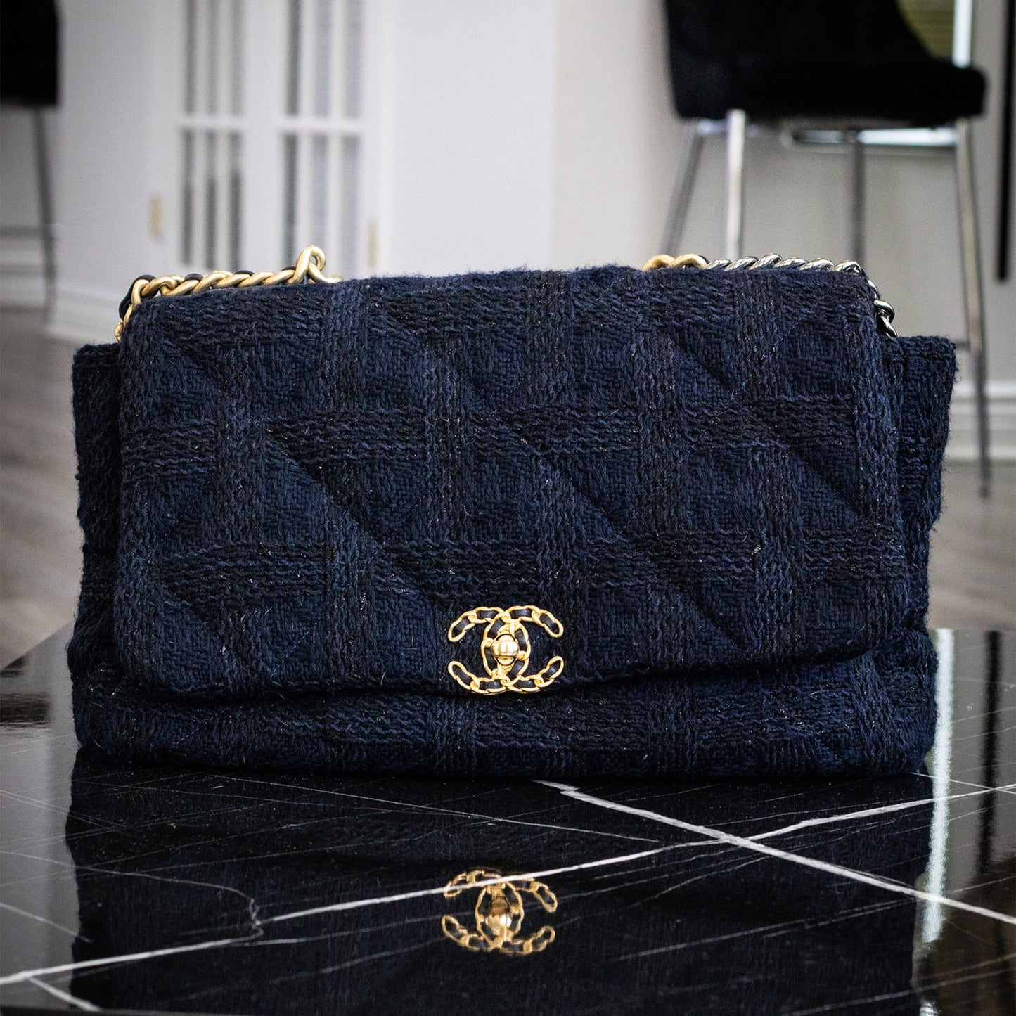 Chanel Blue Tweed Quilted Single Flap Handbag