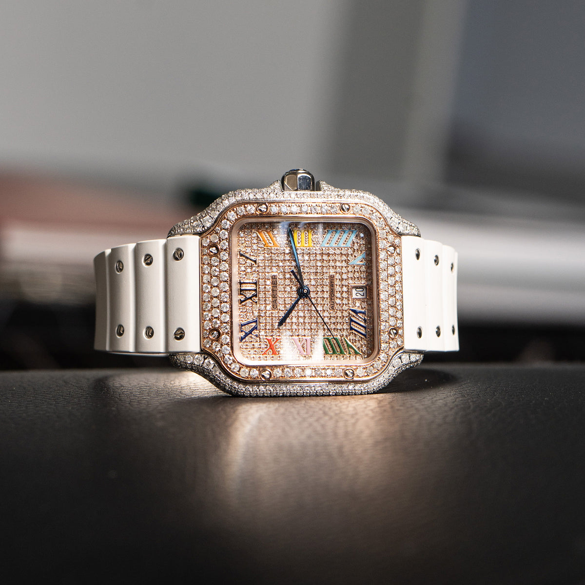 Pre-Owned Cartier Santos Large Diamond Pave Two Tone Custom Watch with White Strap