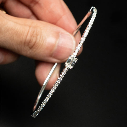18k White Gold Emerald Cut Diamond Pave Bangle Bracelet