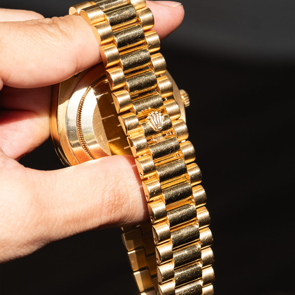 Pre-Owned Rolex 218238 Day-Date II Yellow Gold Black Arabic Wave Dial Presidential Watch