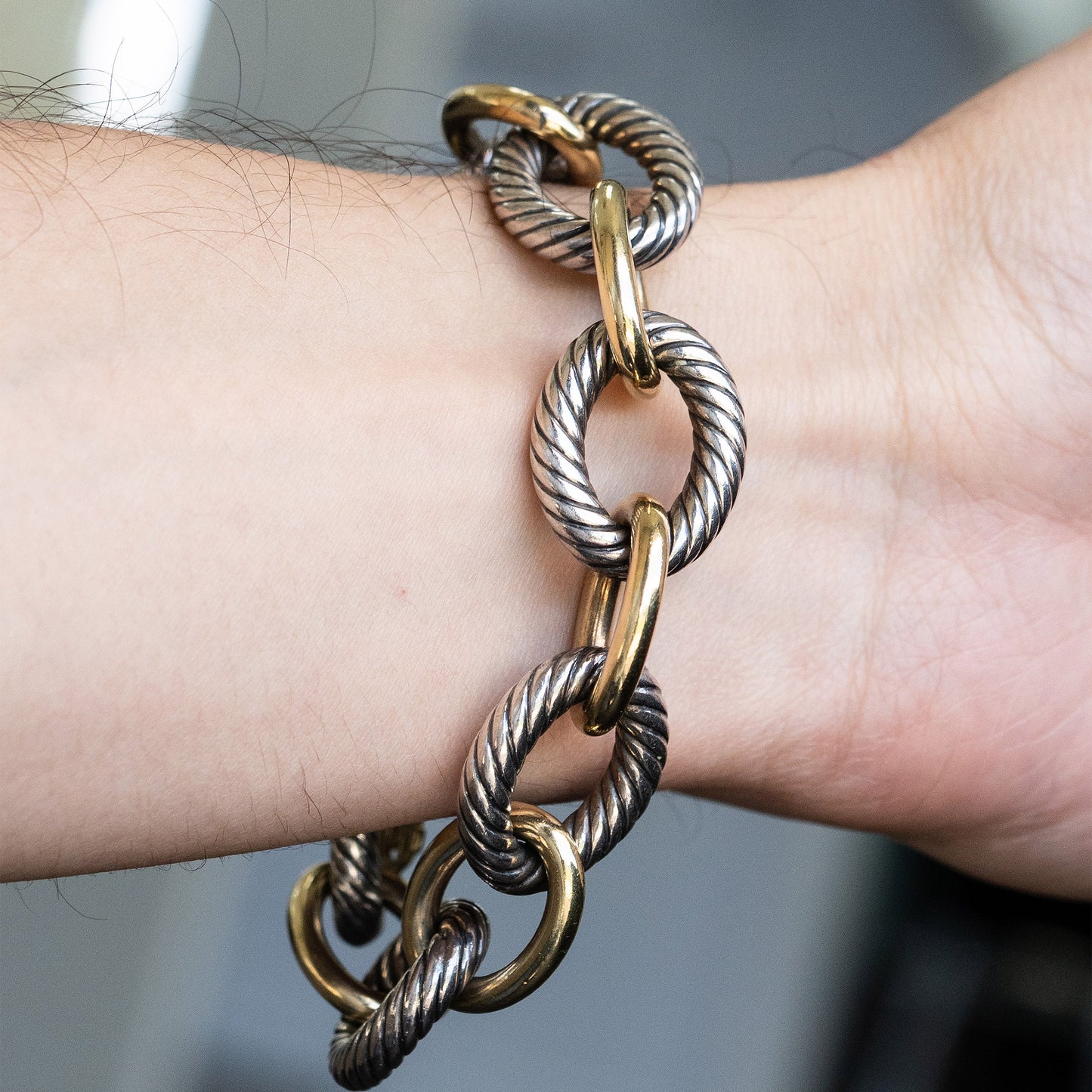 David Yurman Gold Cable Bracelet Sterling Silver 18k Oval Link Large Size