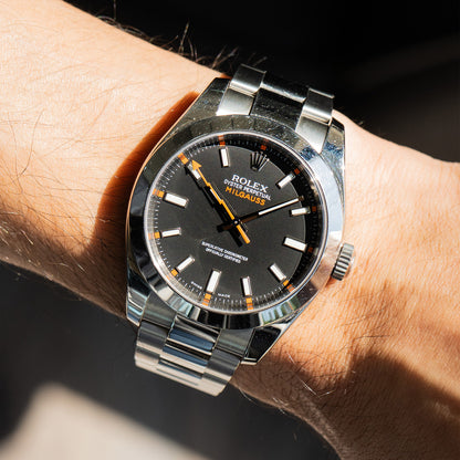 Rolex 116400 Milgauss Stainless Steel Black Dial Orange Hand Automatic Watch