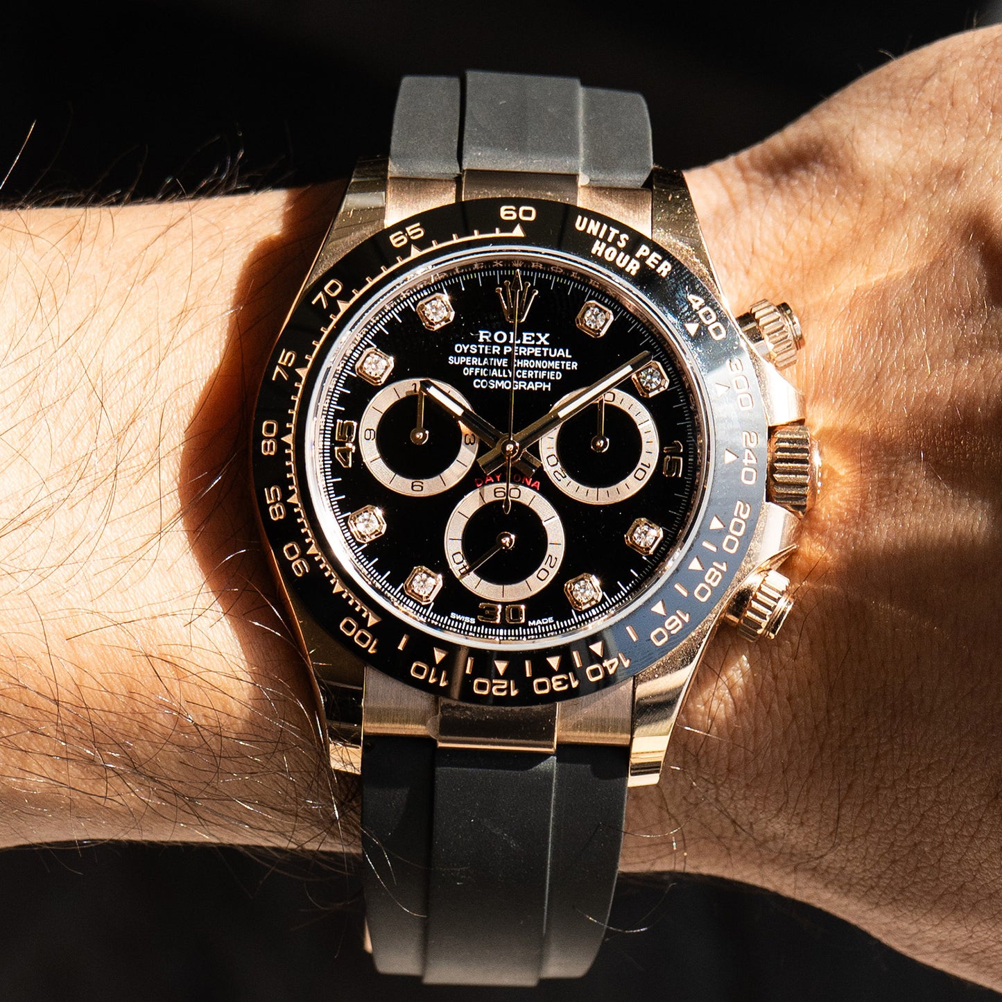 Rolex 116515 Cosmograph Daytona Rose Gold Black Diamond Dial Oyster Flex Watch