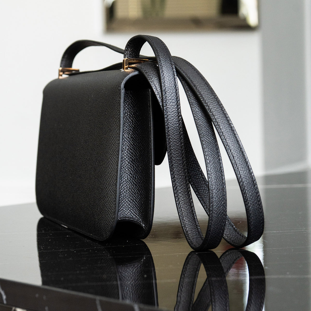 Hermès Black Epsom Constance Elan Handbag Rose Gold Hardware