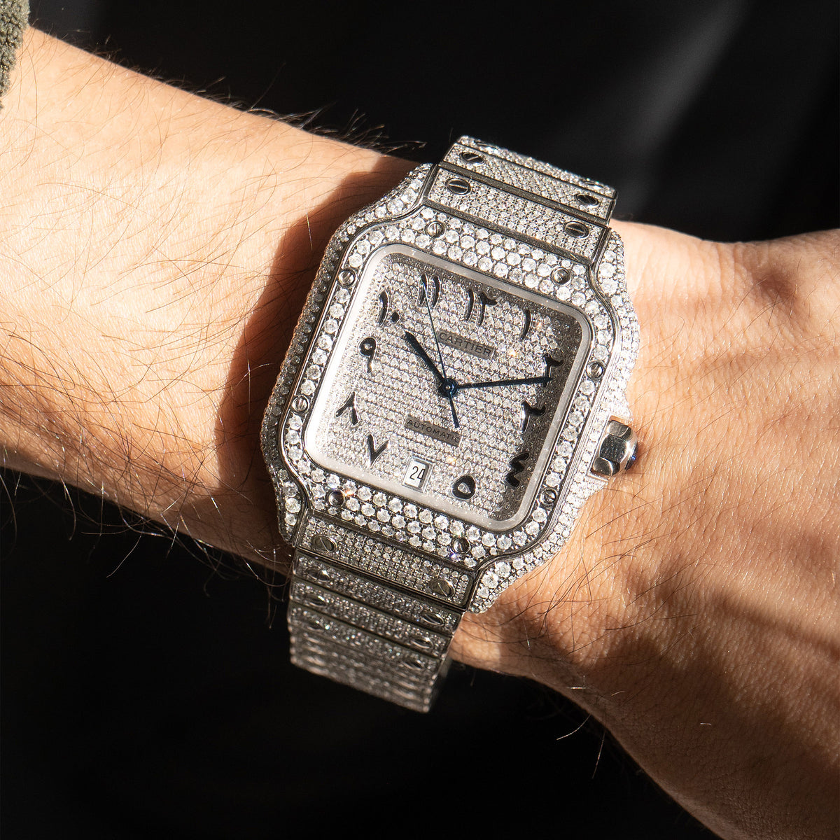 Pre-Owned Cartier Large Santos Diamond Bustdown Stainless Steel Custom Watch