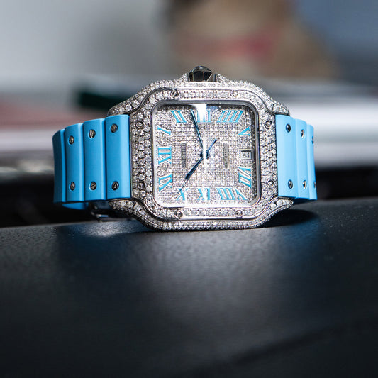 Pre-Owned Cartier Santos Large Diamond Pave Stainless Steel Custom Watch