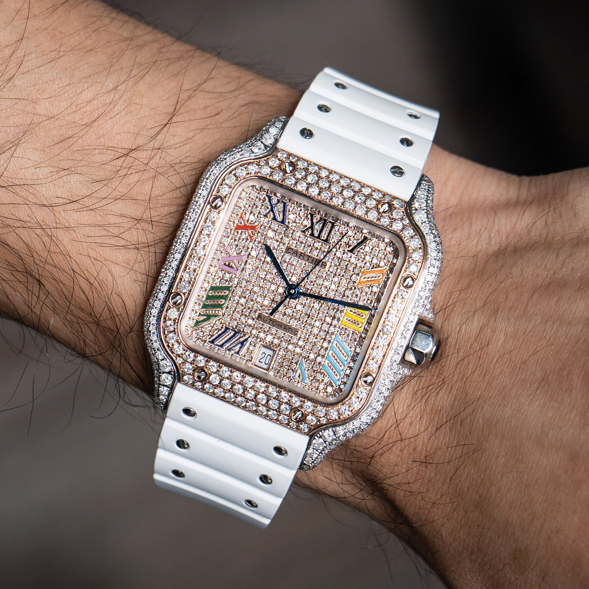 Pre-Owned Cartier Santos Large Diamond Pave Two Tone Custom Watch with White Strap