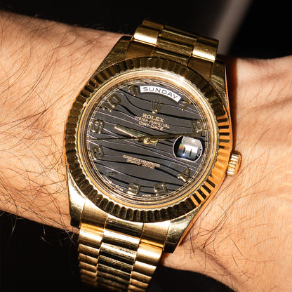 Pre-Owned Rolex 218238 Day-Date II Yellow Gold Black Arabic Wave Dial Presidential Watch