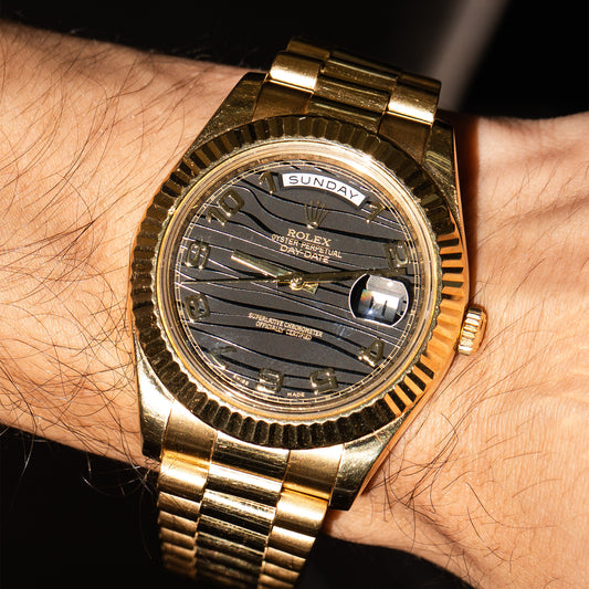 Rolex 218238 Day-Date II Yellow Gold Black Arabic Wave Dial Presidential Watch