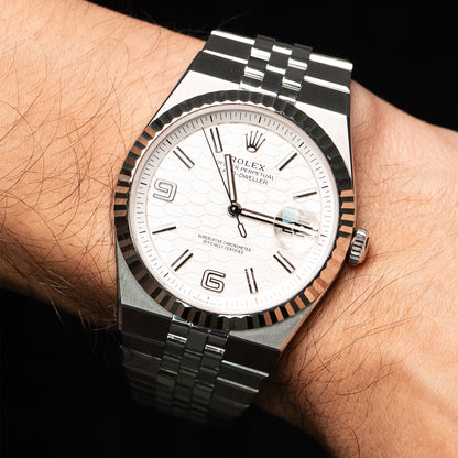Pre-Owned Rolex 127334 Land-Dweller White Dial Stainless Steel Watch Full Set