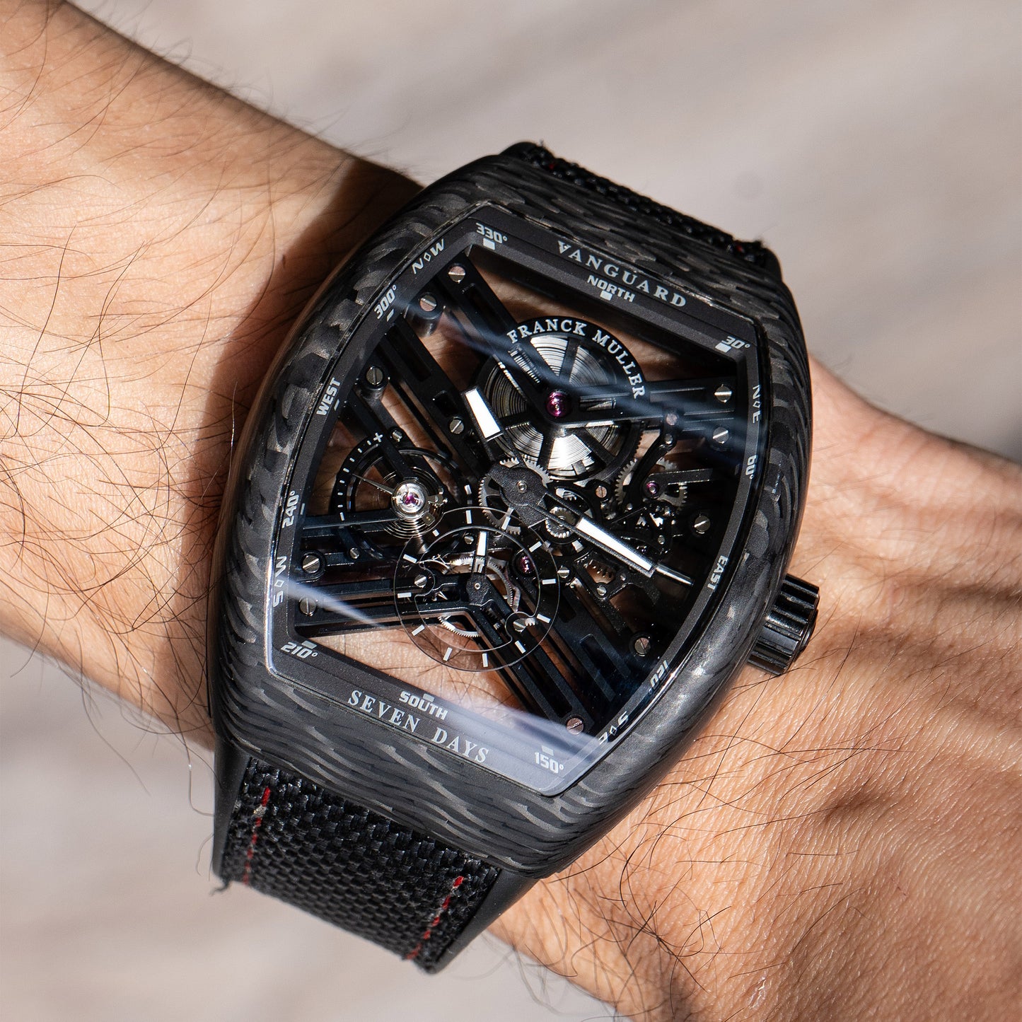 Franck Muller Vanguard Seven Days Skeleton Carbon Watch Box and Papers